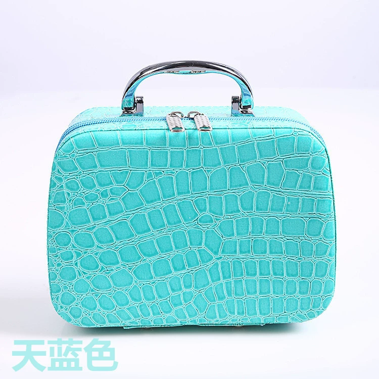 Handheld Square Makeup Box with Mirror, Korean Style PU Cosmetic Case, 17.5×19.5×13.5 cm