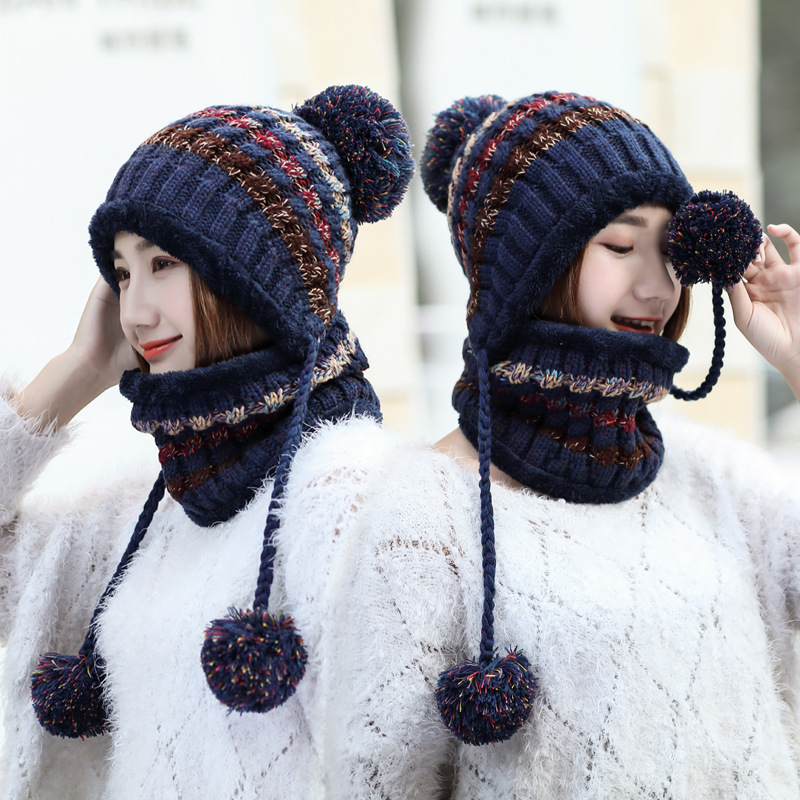 韩版秋冬毛球创意毛线帽女士冬天户外保暖潮流帽子套帽一件代发
