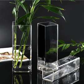 水晶玻璃花瓶透明正方形水培百合富贵竹仿真干花花器四方餐桌摆件