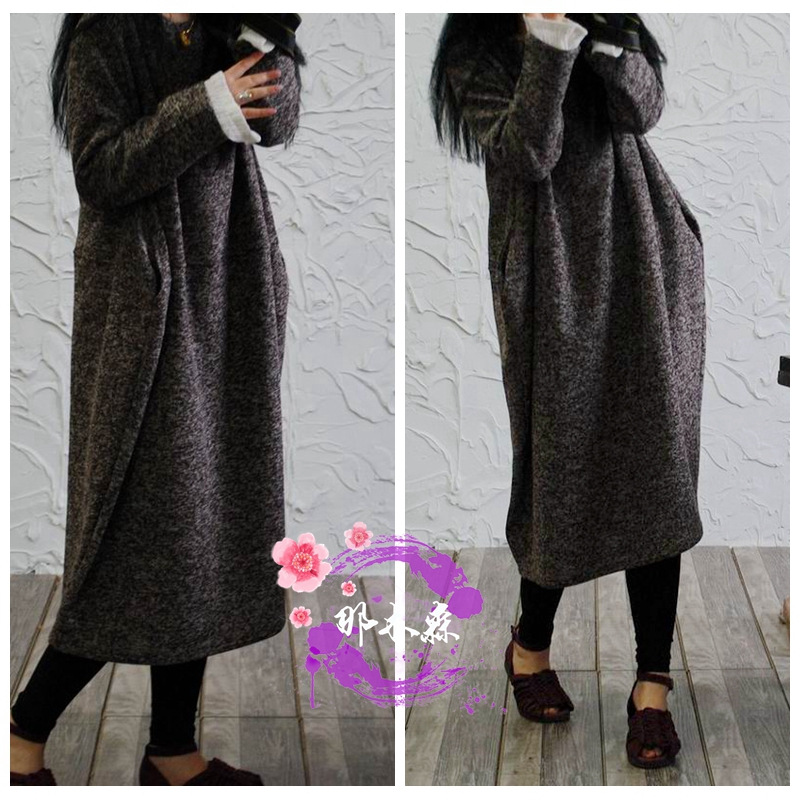 Autumn and Winter Artistic Women's Wool Tweed Warm Large Size Woolen Dress Mid-length Thickened Cold-proof Dress Gown
