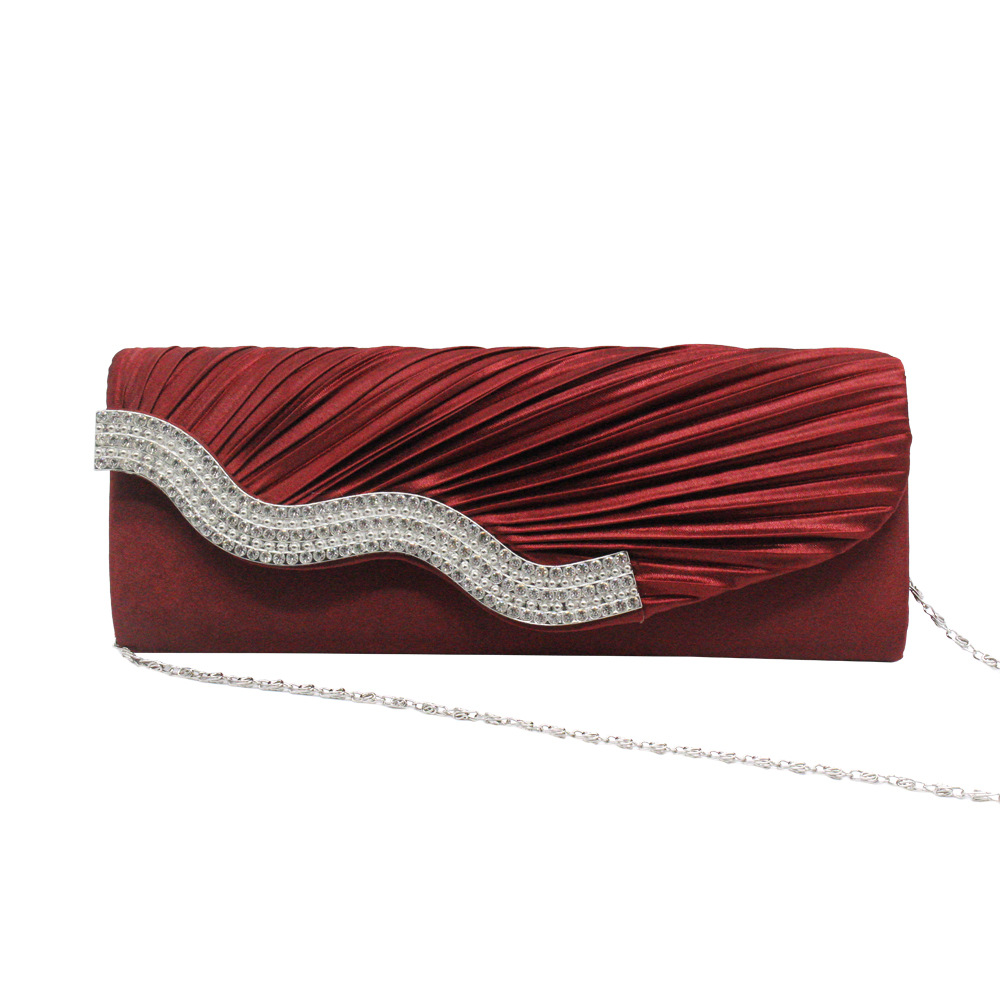 Red Pleated Rhinestone Clutch Bag with Chain for Women