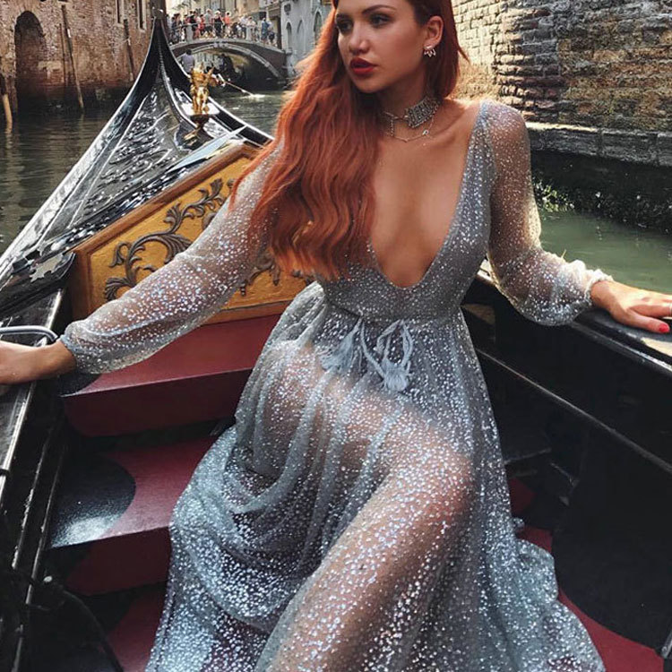 Amazon Wish European and American Style Clothing Rhinestone Sequin Sexy Long-Sleeve Dress See-Through Deep V Nightclub Long Dress Fashion