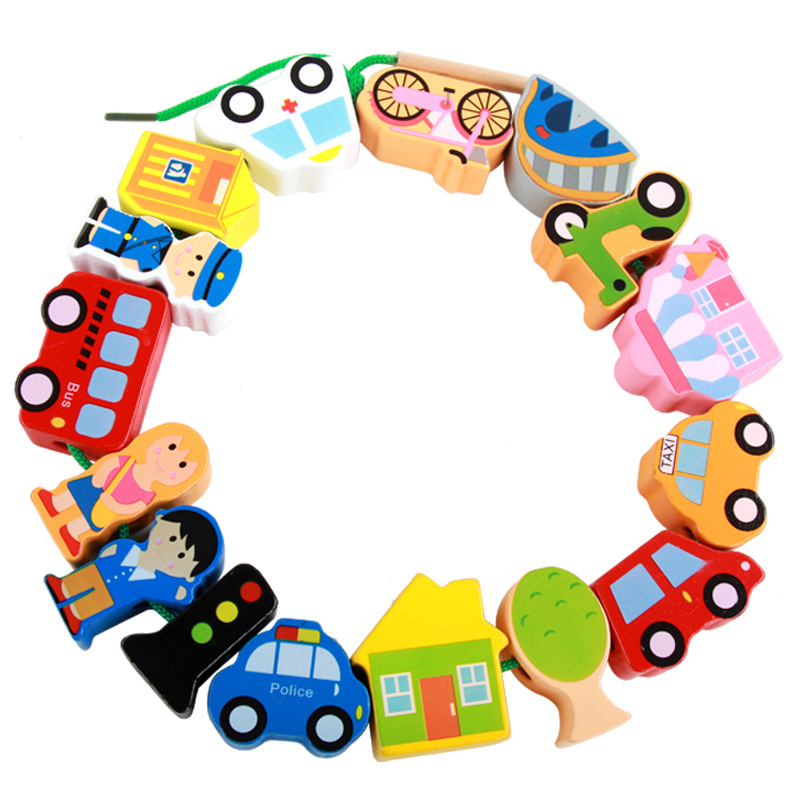 Bloques de construcción de la ciudad de partículas grandes de madera con cuentas bebé cadena Hilo cuentas juego niños cadena música