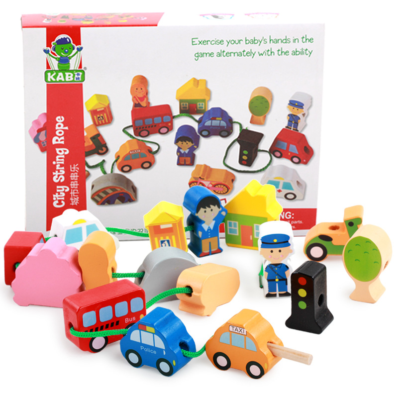 Bloques de construcción de la ciudad de partículas grandes de madera con cuentas bebé cadena Hilo cuentas juego niños cadena música