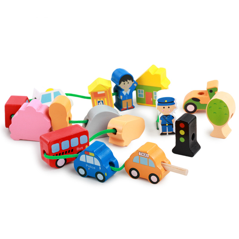 Bloques de construcción de la ciudad de partículas grandes de madera con cuentas bebé cadena Hilo cuentas juego niños cadena música