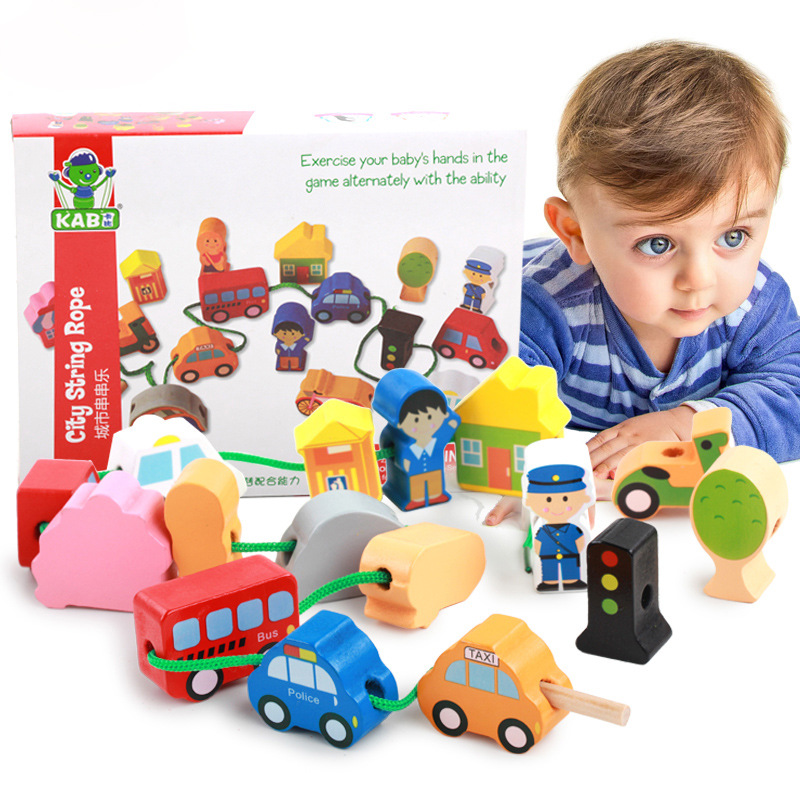 Bloques de construcción de la ciudad de partículas grandes de madera con cuentas bebé cadena Hilo cuentas juego niños cadena música