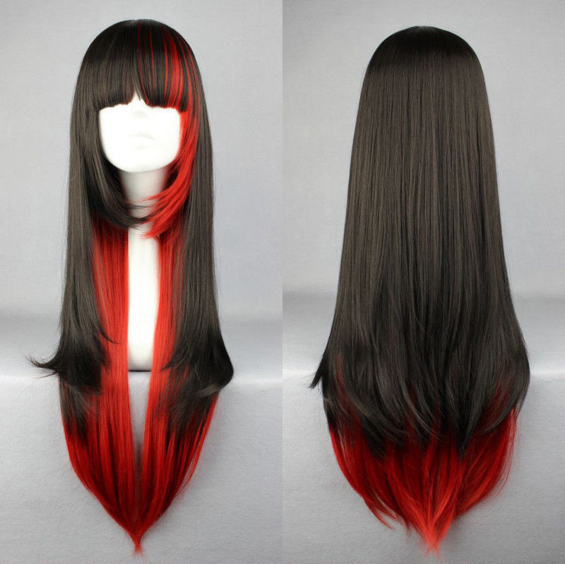 Harajuku wig Black Gradient red long straight hair neat bangs European and American animation wig cosplay spot wholesale Harajuku wig Black Gradient red long straight hair neat bangs European and American animation wig cosplay spot wholesale