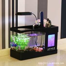 LED小型水族箱 USB多功能鱼缸 黑白两色可选 万年历迷你鱼缸