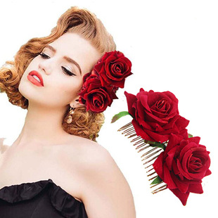Amazon Garland double flannelette rose hair comb red rose hair accessories rose fork comb