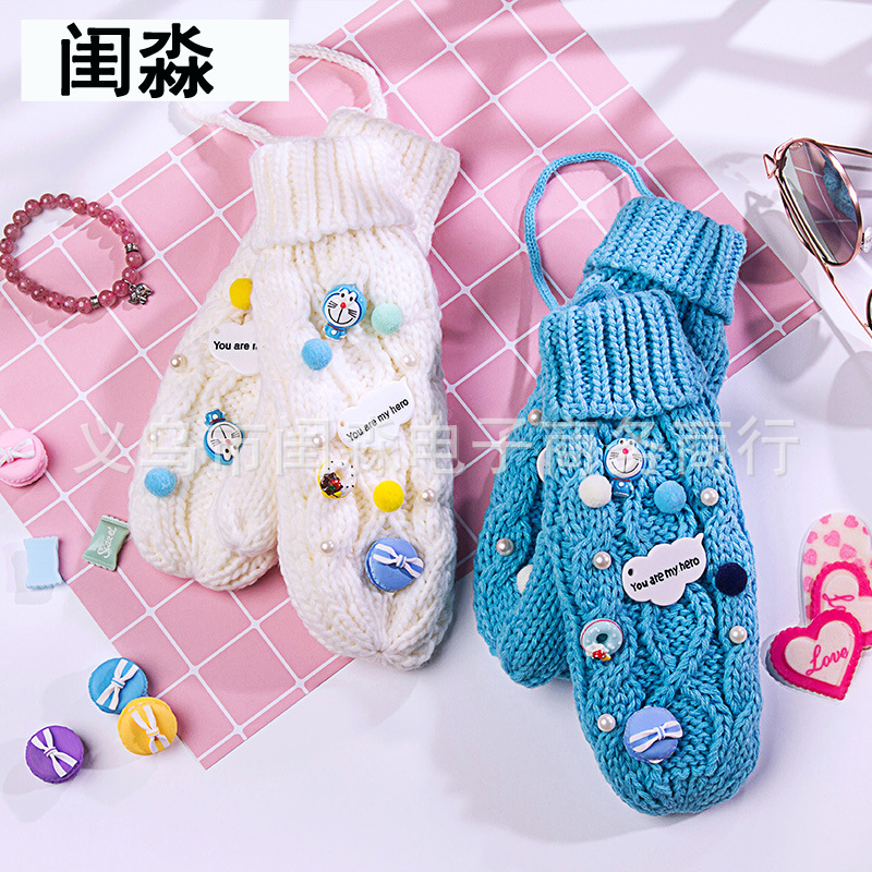 卡通毛线手套哆啦A梦叮当猫连指挂脖女冬加厚学生可爱韩版保暖