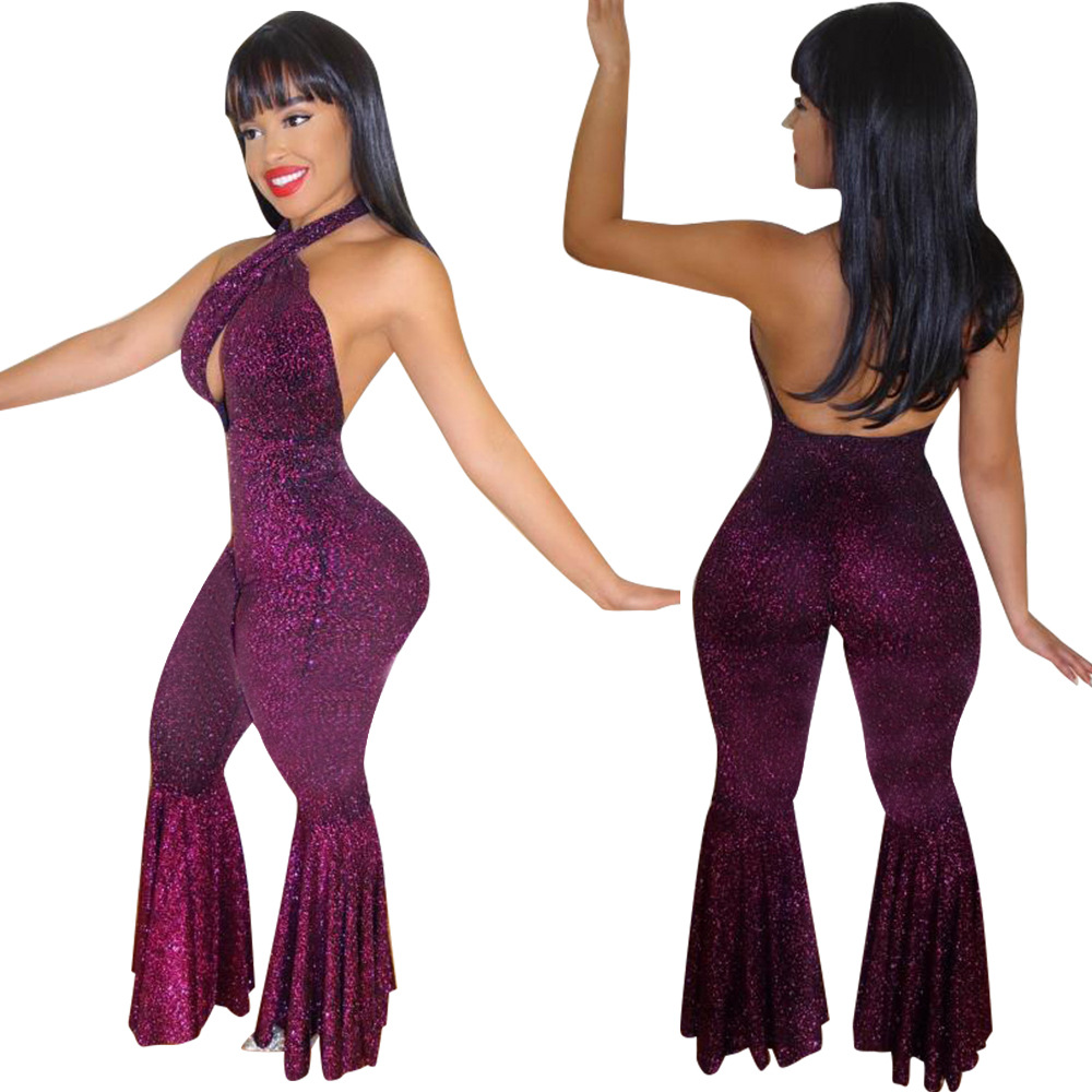 LD8019 Independent Station Amazon ebay Europe and America Sexy Solid Color Backless Neck Jumpsuit