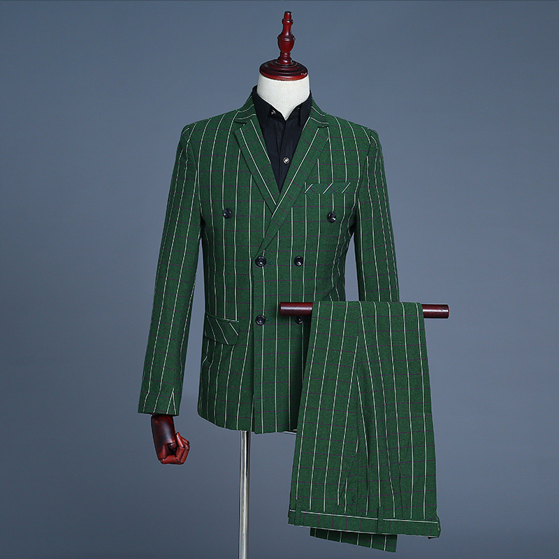 Men's green plaid groom groomsman dress double-breasted performance suit suit host MC studio theme