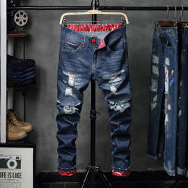破洞牛仔裤男秋季男装补丁乞丐洞洞裤秋冬款直筒修身长裤潮JD109
