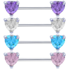 Amazon Cross-border Stainless Steel Heart Straight Bar Diamond Nipple Ring Wholesale Female Body Piercing Jewelry Factory Direct Sale