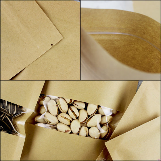 Flat bottom Kraft paper self-sealing bag walnut packaging bag sealed food bag window Kraft paper bag sealed bag wholesale