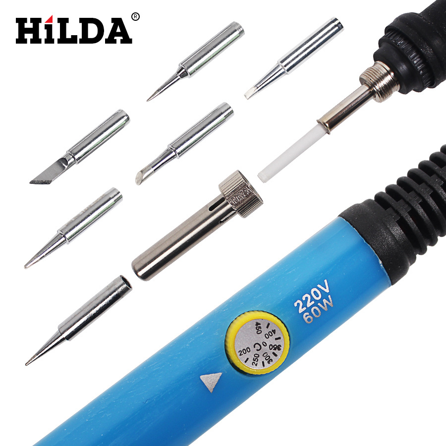 Soldador Eléctrico Hilda EU 220V 60W con Temperatura Ajustable, Pistola de Soldadura, Herramienta de Reparación con 5 Puntas de Soldadura