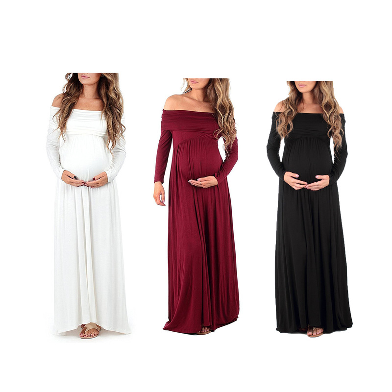 European and American Women's Clothing Pure Cotton Pregnant Women's Trailing One-word Reverse Collar Dress Photography Long-sleeved Dress 8959