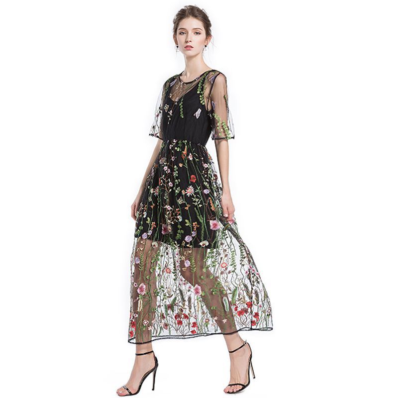 Amazon 2025 spring new plus size women's embroidery lace dress summer two-piece women's cross-border hot sale