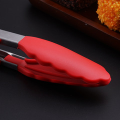 Stainless steel food tongs with extended silicone non-slip barbecue food clips for bread, cakes, steaks, and baking tools.