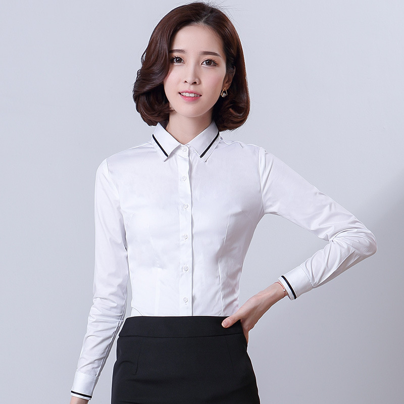 职业衬衫女秋季新款棉纯白色OL女士长袖修身衬衣白领工作服打底衫