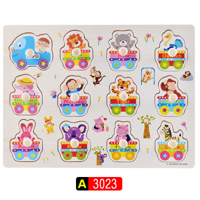 Iluminación Educación temprana para niños Dibujos animados Reconocimiento de animales Tablero de agarre de mano Entrenamiento de agarre de madera Forma Combinación Juguete de rompecabezas