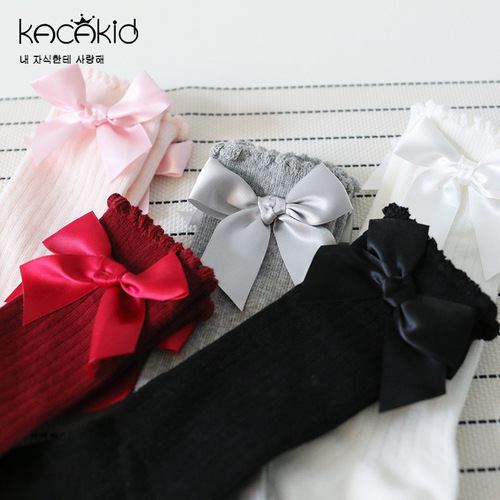 Girls' Socks Bow Mid-Tube Socks Spring and Autumn New Baby Japanese Solid Color Class A Cotton Socks Children's Socks Wholesale