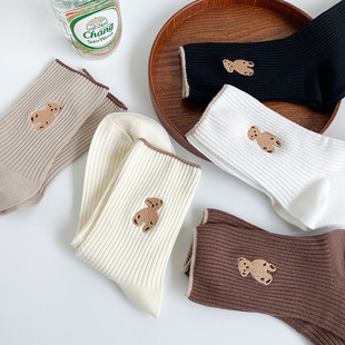 Bear socks Women's Spring and Autumn Mid-calf cute Japanese ins trendy South Korea girls' solid color pile socks autumn and winter stockings