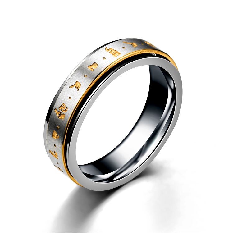 欧美复古 六字真言钛钢戒指 解压抗焦虑可转动创意不锈钢戒指饰品