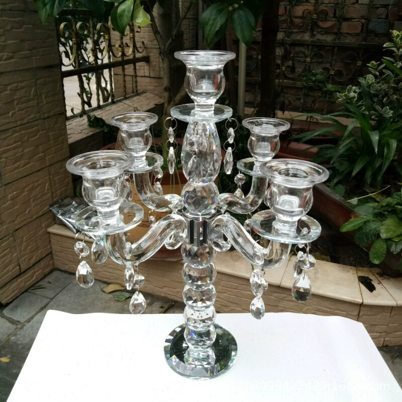 Crystal Multi-Arm Candlestick, Transparent Glass 5-Head Centerpiece, Height 35.5 cm