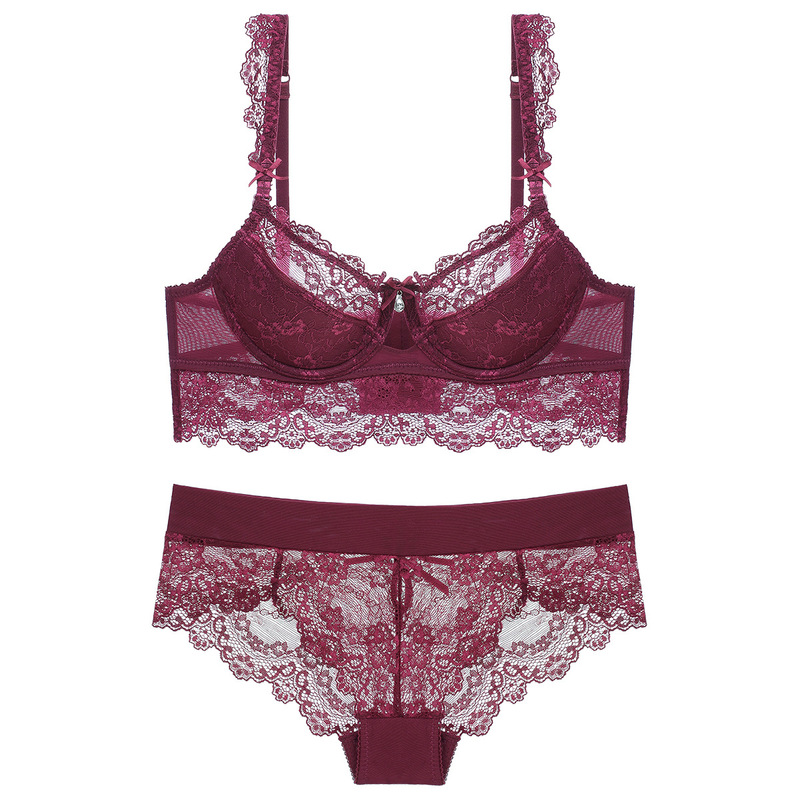 15102 Ultra-thin Sexy Underwear Set Women's Black Lace Large Chest Small Anti-sagging Victoria Bra