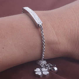 欧美钛钢手镯镶钻三排时尚心形幸运花情侣可调节手链手环女生礼物