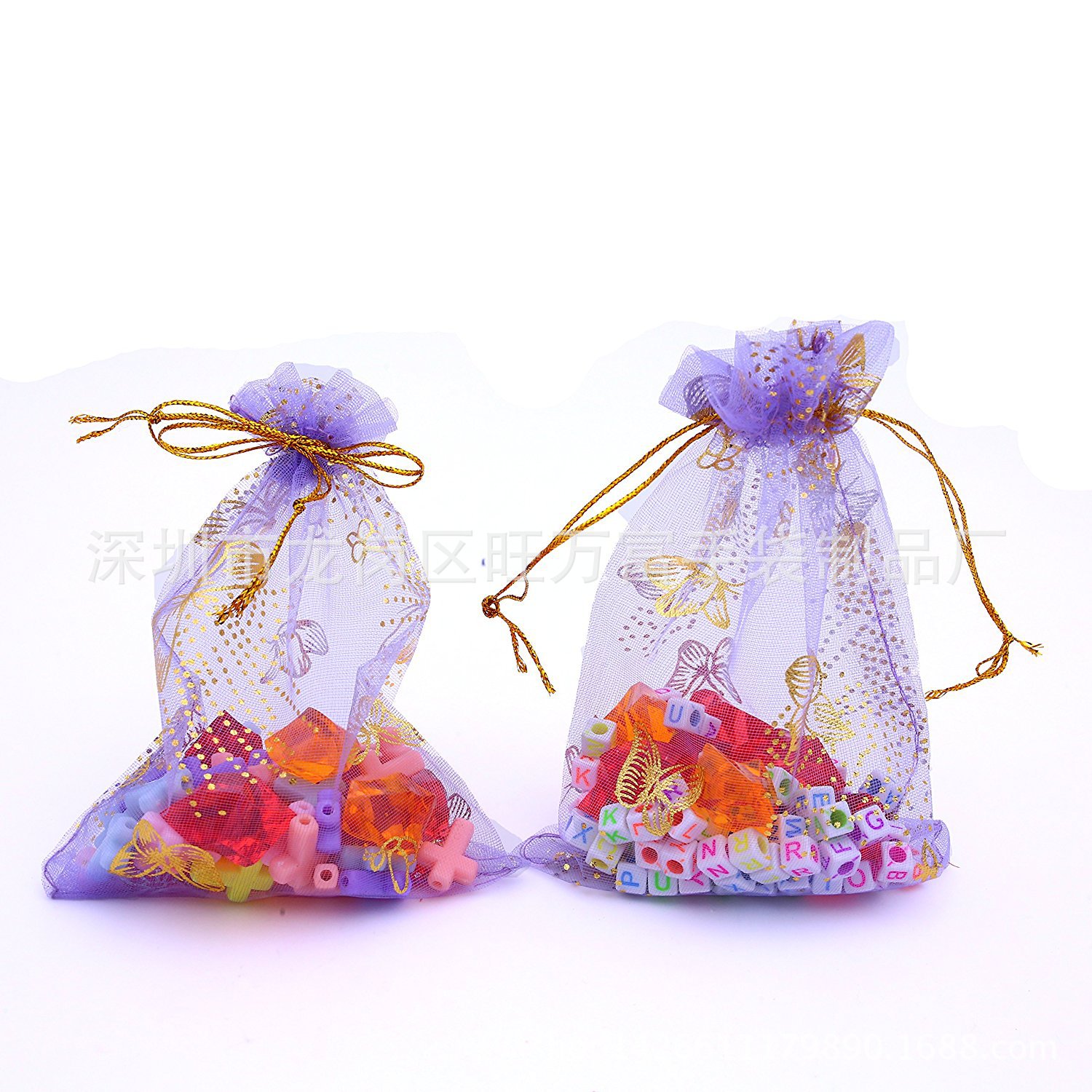 现货10*12蝴蝶烫金欧根纱礼品袋/婚庆喜糖小纱袋束口包装袋子