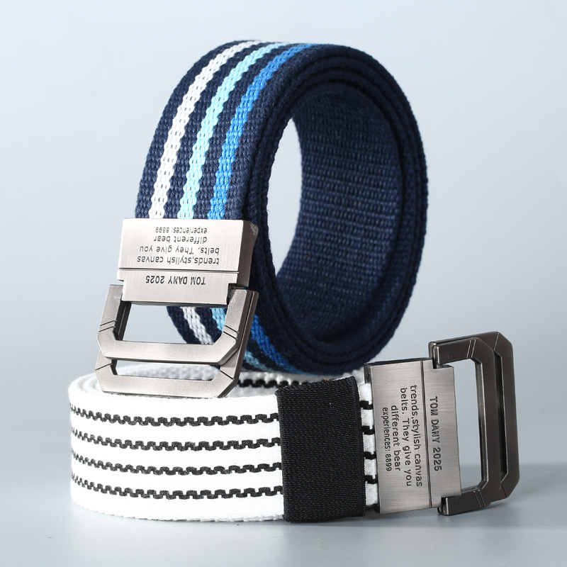 Spot wholesale canvas belt men's double loop buckle belt teenage students fashion lengthened belt generation hair
