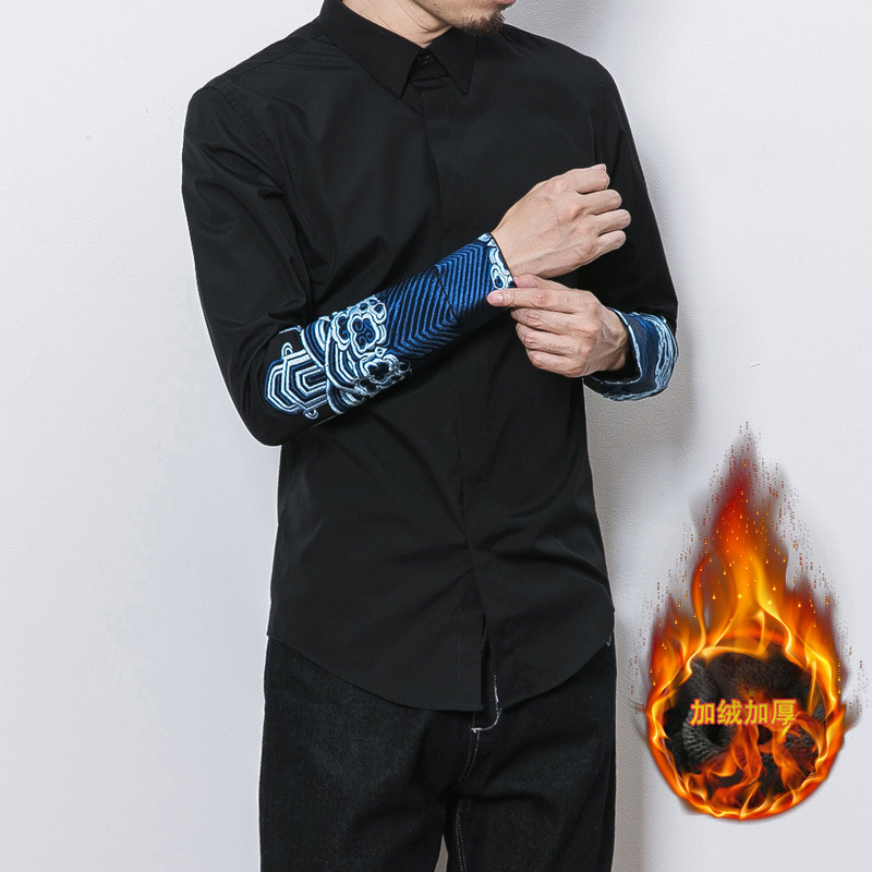 春季中国风绣刺男士衬衫 修身免烫加绒加厚衬衣 宽松型休闲开衫