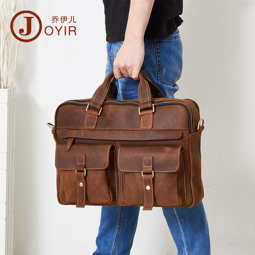 Leather men's bag, official bag for men, business retro stylish 17-inch laptop men's handbag, men's bag