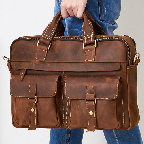 Leather men's bag, official bag for men, business retro stylish 17-inch laptop men's handbag, men's bag