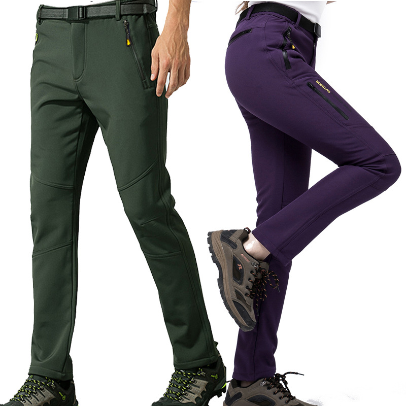 Winter outdoor men's and women's lovers soft shell plus velvet warm fleece mountaineering pants large size group purchase wholesale