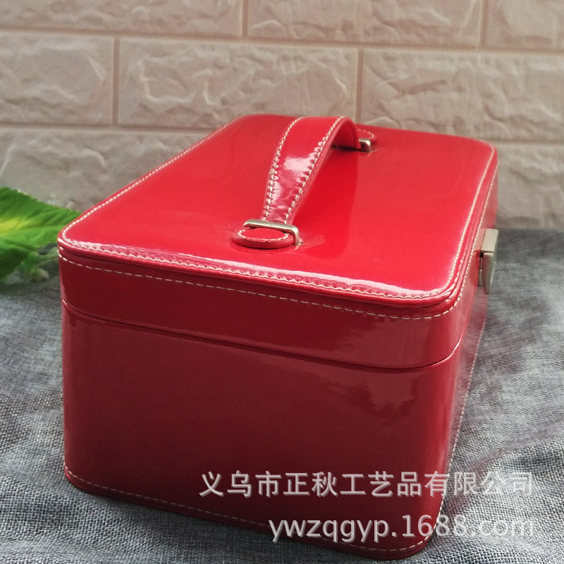 红色双层套装珠宝首饰收纳盒韩式带镜时尚pu皮革化妆箱皮盒