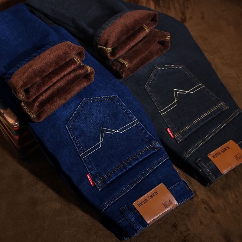 男式爆款修身直筒加绒加厚牛仔裤男青年加绒直筒长裤男裤一件代发