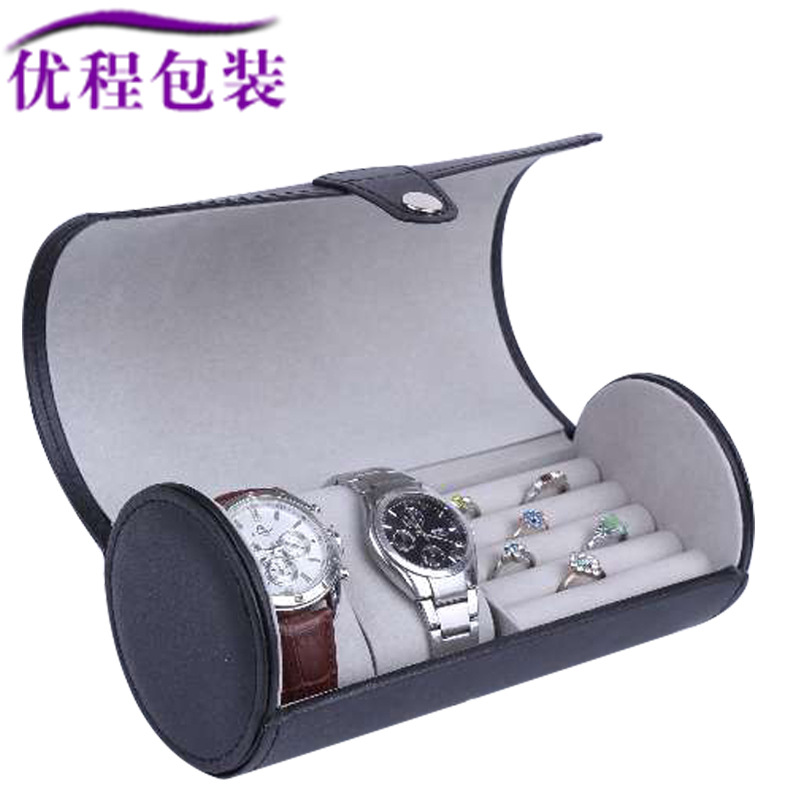 现货批发3位圆筒手表盒pu皮革2位手表首饰收纳盒戒指耳环包装盒
