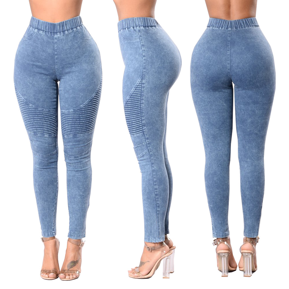 Los pantalones vaqueros de mujer de cintura alta arrugados transfronterizos de Amazon desean pantalones de levantamiento de cadera de ajuste Delgado multicolor