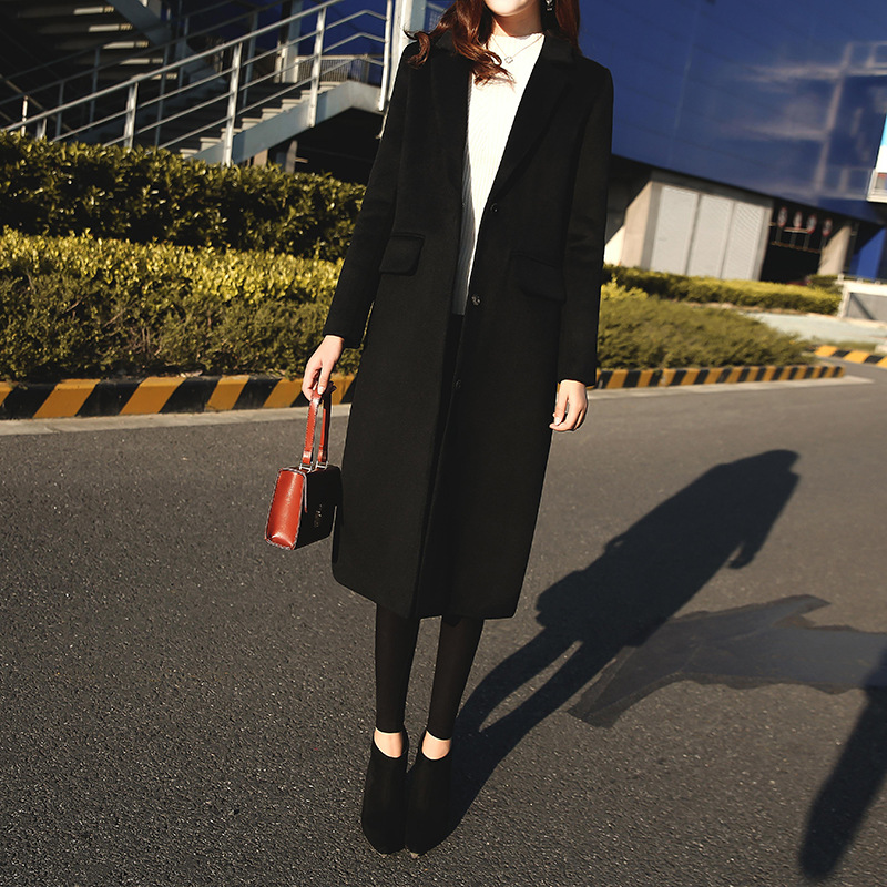 2025 Spring Thickened Black Woolen Coat, Mid-Length Korean Style, Loose Fit, Slimming Woolen Overcoat 02