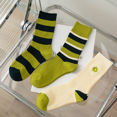 襪子女長筒襪運動風網紅ins潮外穿百搭春秋季純棉綠色中筒襪日系