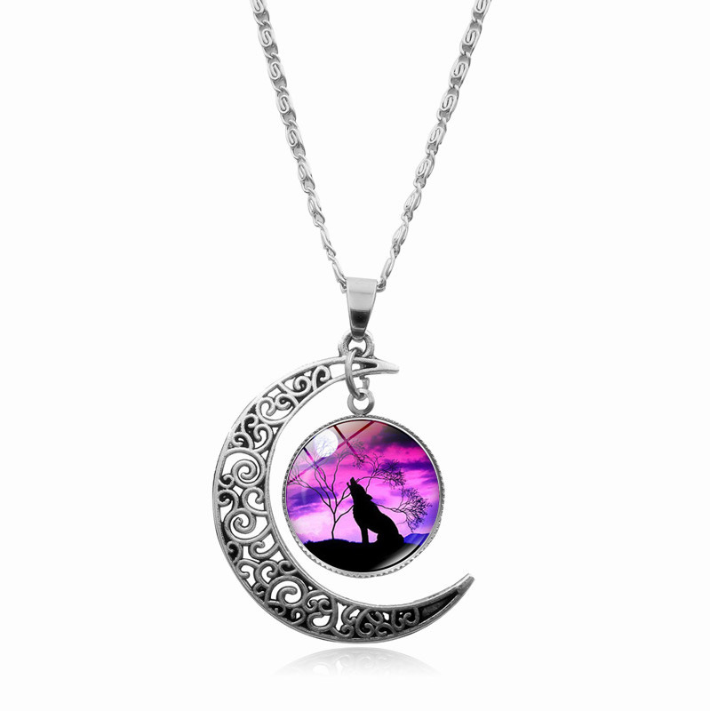 Howling Wolf Moon Time Gem Pendant Necklace Women's Joker Accessories Cross-border European and American Jewelry Clavicle Chain Wholesale