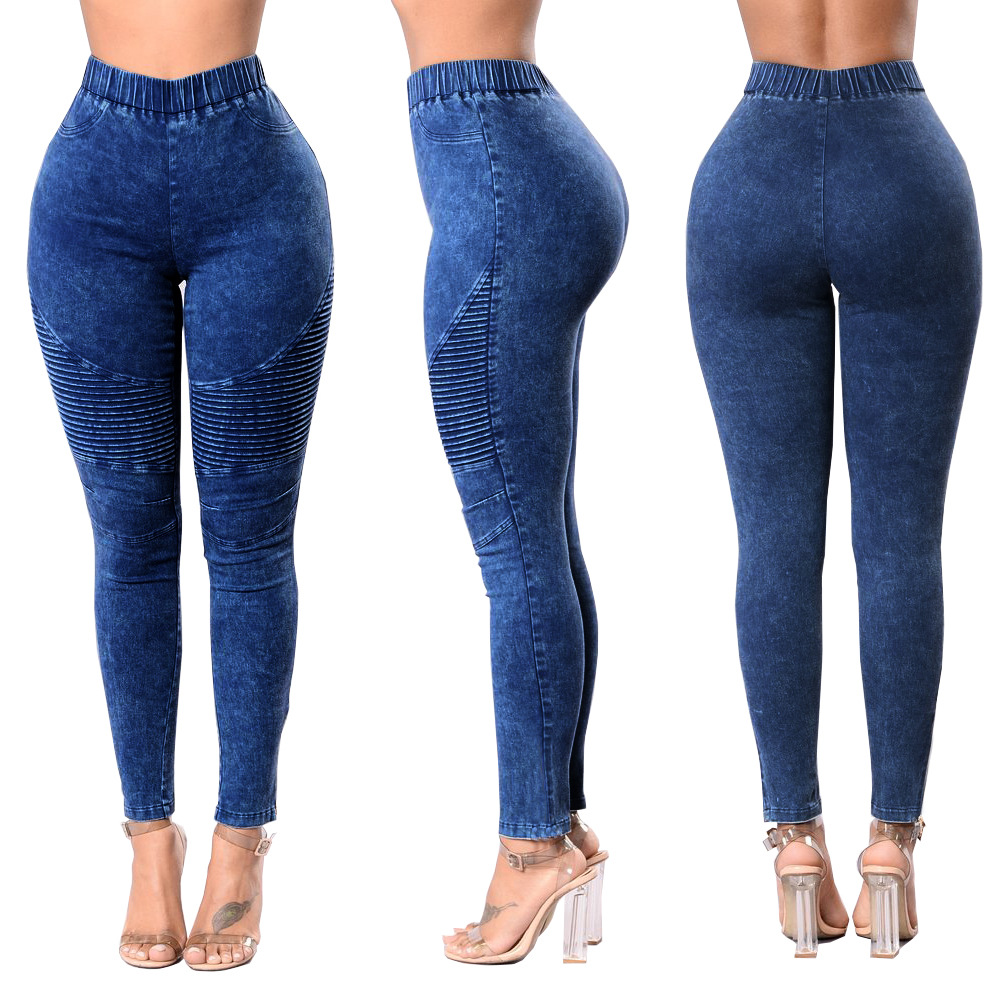 Los pantalones vaqueros de mujer de cintura alta arrugados transfronterizos de Amazon desean pantalones de levantamiento de cadera de ajuste Delgado multicolor