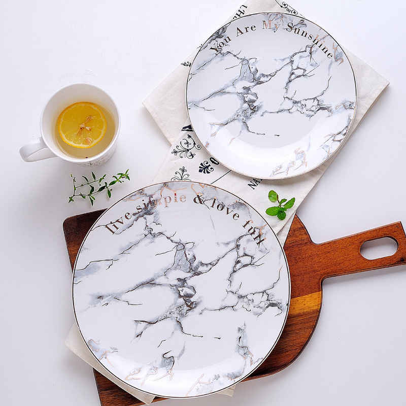 Nordic Style Ceramic English Gold-painted Marble Pattern Western Food Plate Salad Plate Household Steak Plate Dessert Plate Dish Plate