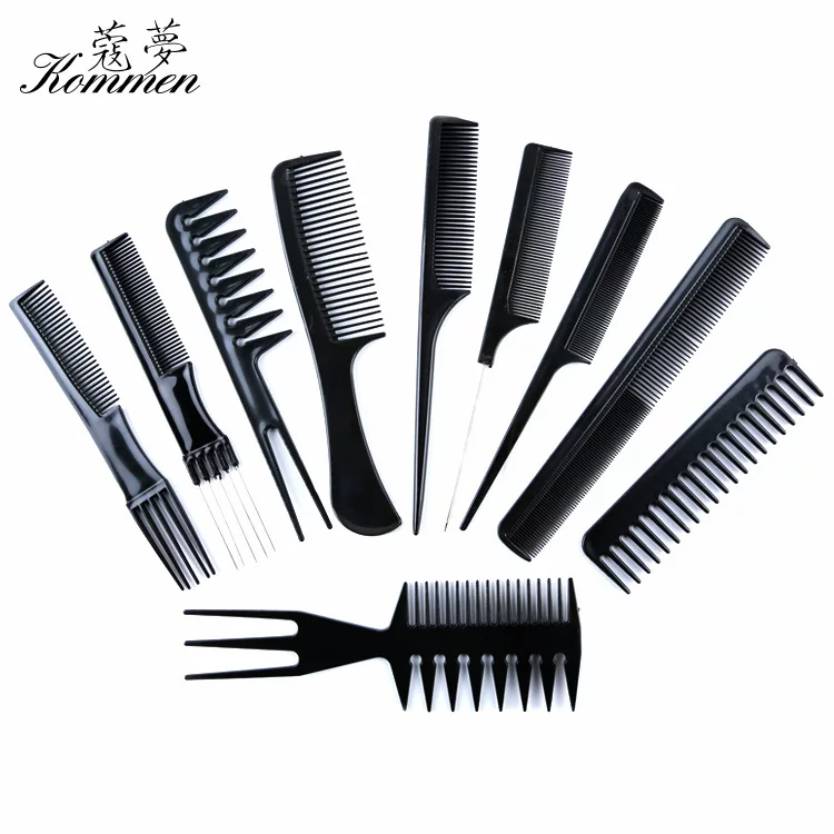 10‑piece comb set, PP plastic salon combs, anti‑static, 20 cm, black
