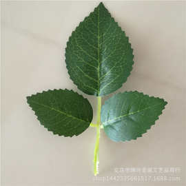 仿真玫瑰叶 12*9厘米三叉丝印玫瑰叶片 可套皮管仿真花叶大量批发