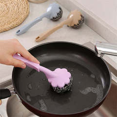 Steel ball brush with handle, dishwashing pot cleaning brush, kitchen plum flower long handle pot brush cleaning ball wholesale