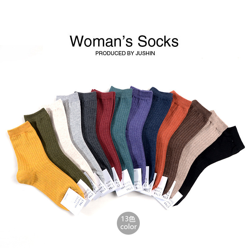 Korean-Made Socks Etna Solid Color Candy Color Dark Ribbed Autumn and Winter College Style Mid-Calf Women's Cotton Socks with Vertical Stripes That Absorb Sweat